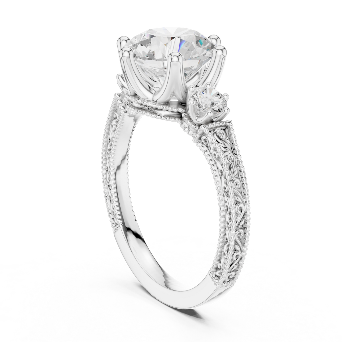 2.80 Carat Delicate Round Lab grown Diamond 14K Solid White Gold Three Stone Ring For Her - HIGHCARAT DIAMONDS