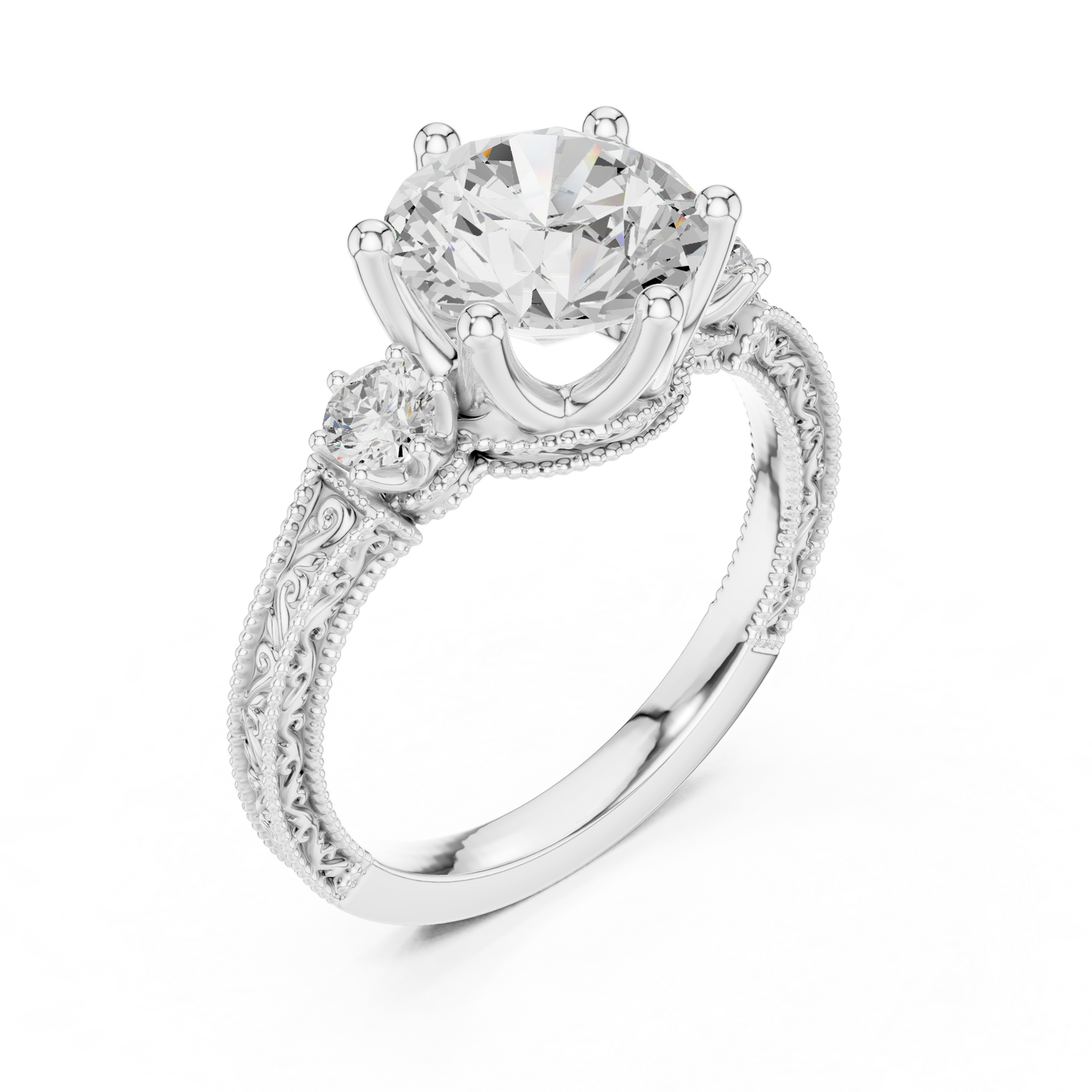 2.80 Carat Delicate Round Lab grown Diamond 14K Solid White Gold Three Stone Ring For Her - HIGHCARAT DIAMONDS