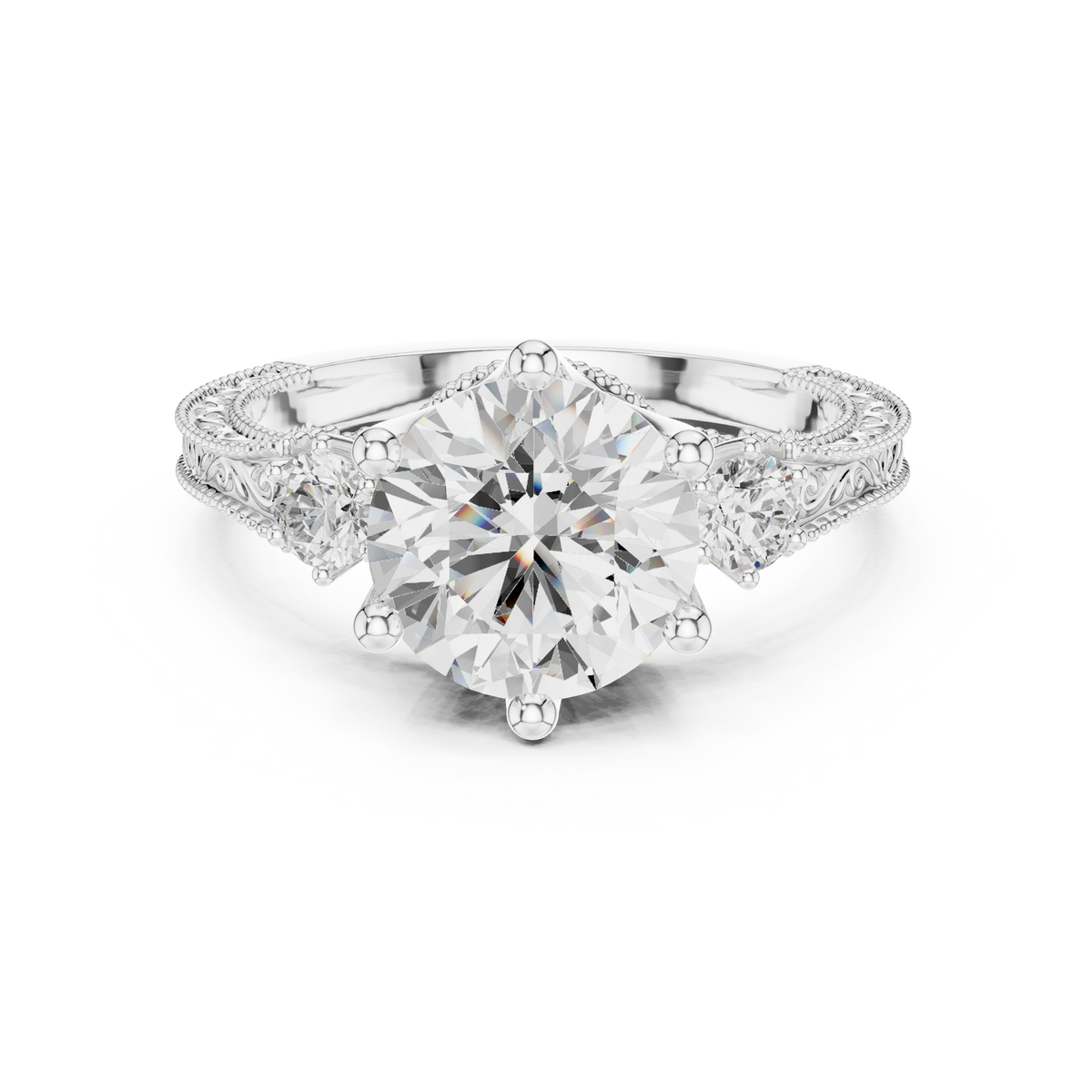 2.80 Carat Delicate Round Lab grown Diamond 14K Solid White Gold Three Stone Ring For Her - HIGHCARAT DIAMONDS