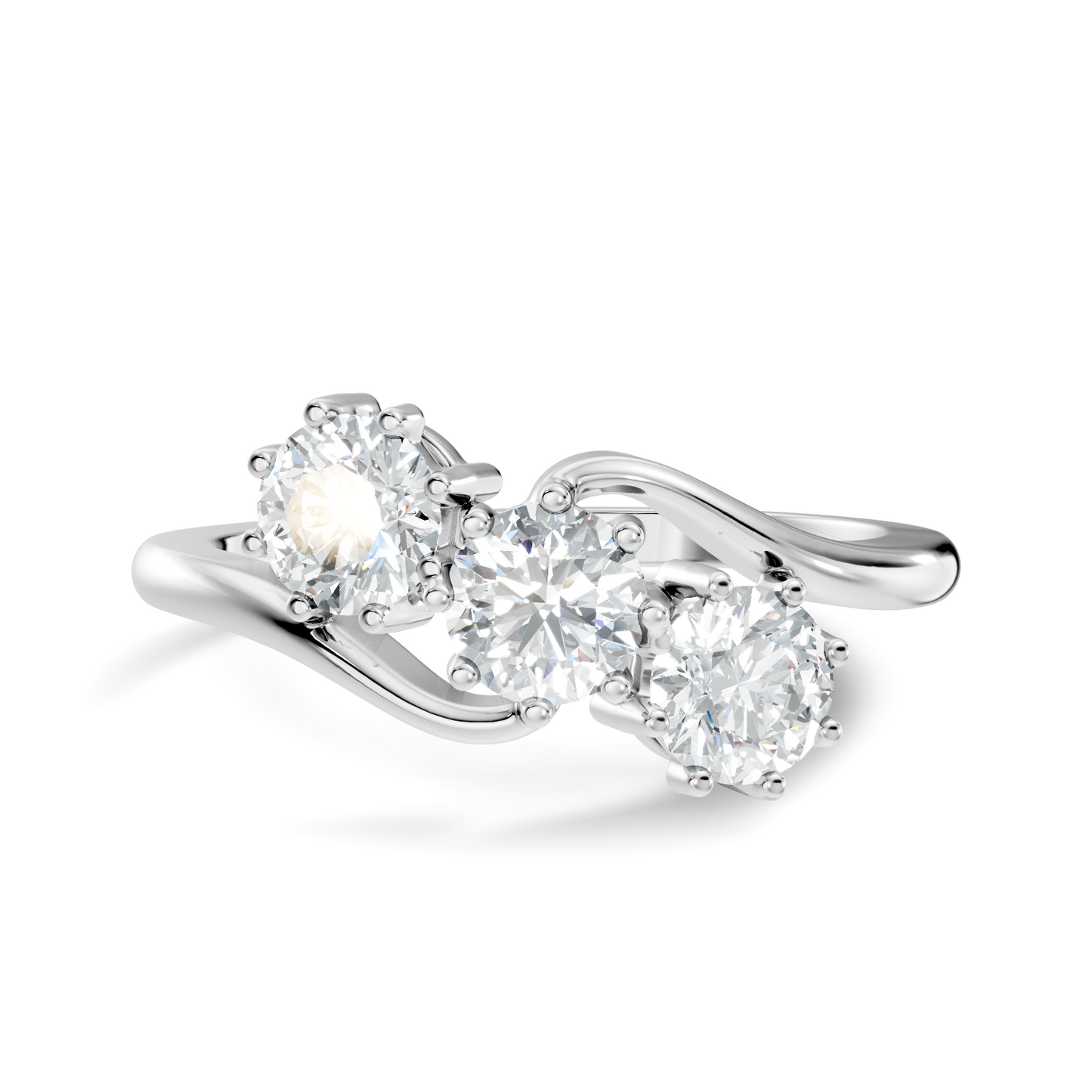 White gold round lab grown diamond ring with flowing crossover design