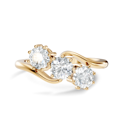 Yellow gold three stone diamond ring with curved wave band front look