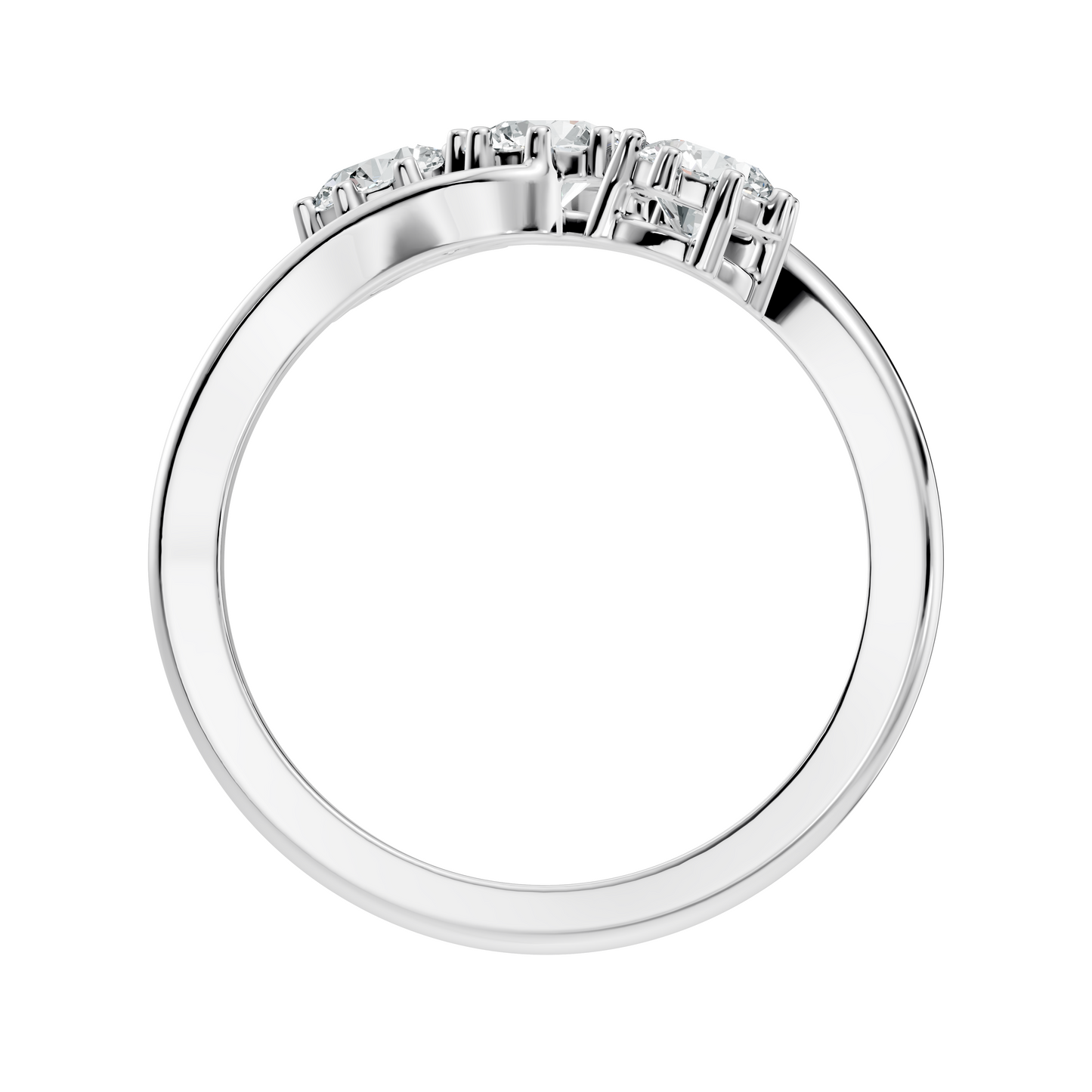 Close up of round lab grown diamonds on curved crossover ring