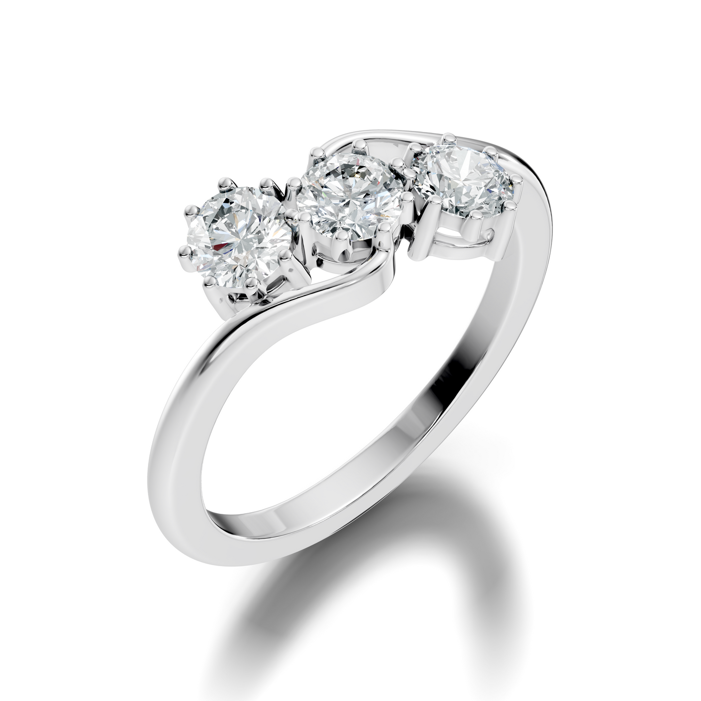 360 view video of round three stone lab diamond wave ring rotating on white background