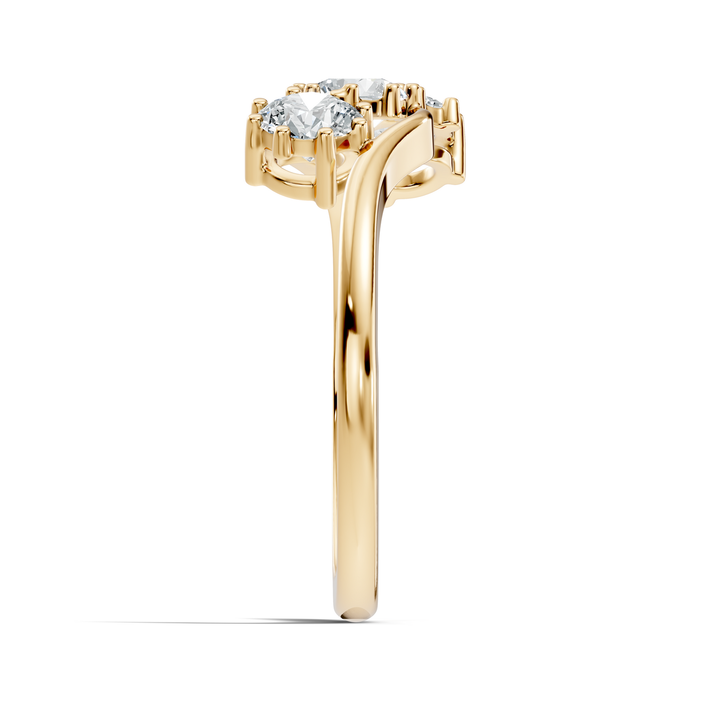 Angled view of three stone diamond wave ring in rose gold