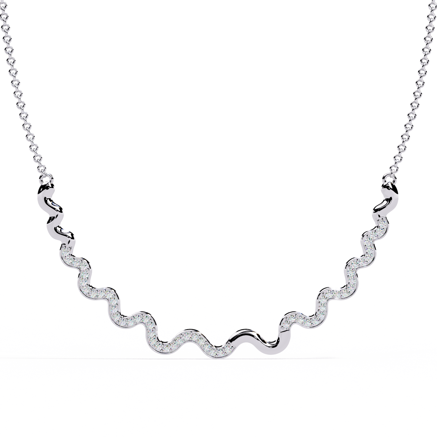 Front view of round cut lab grown diamond wavy necklace