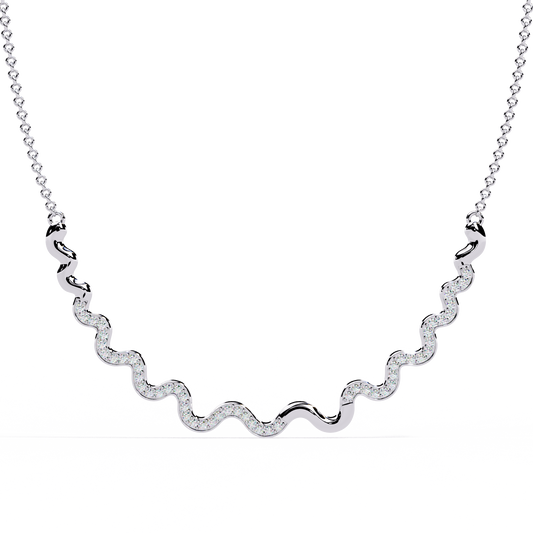 Front view of round cut lab grown diamond wavy necklace