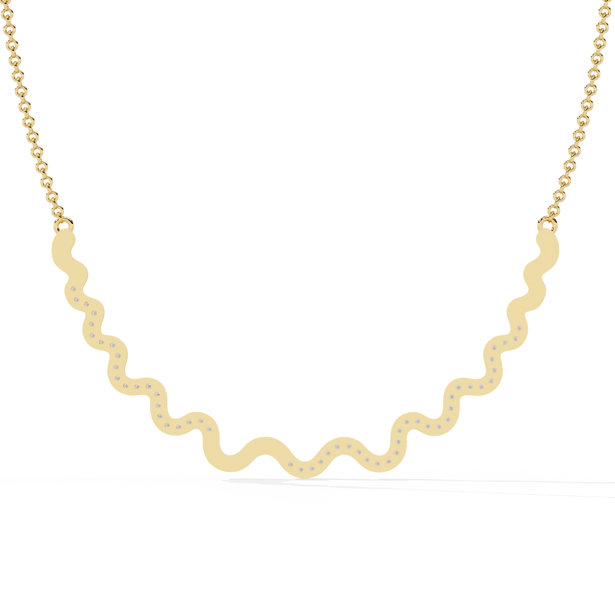 Close up of sparkling lab grown diamond wave collar necklace
