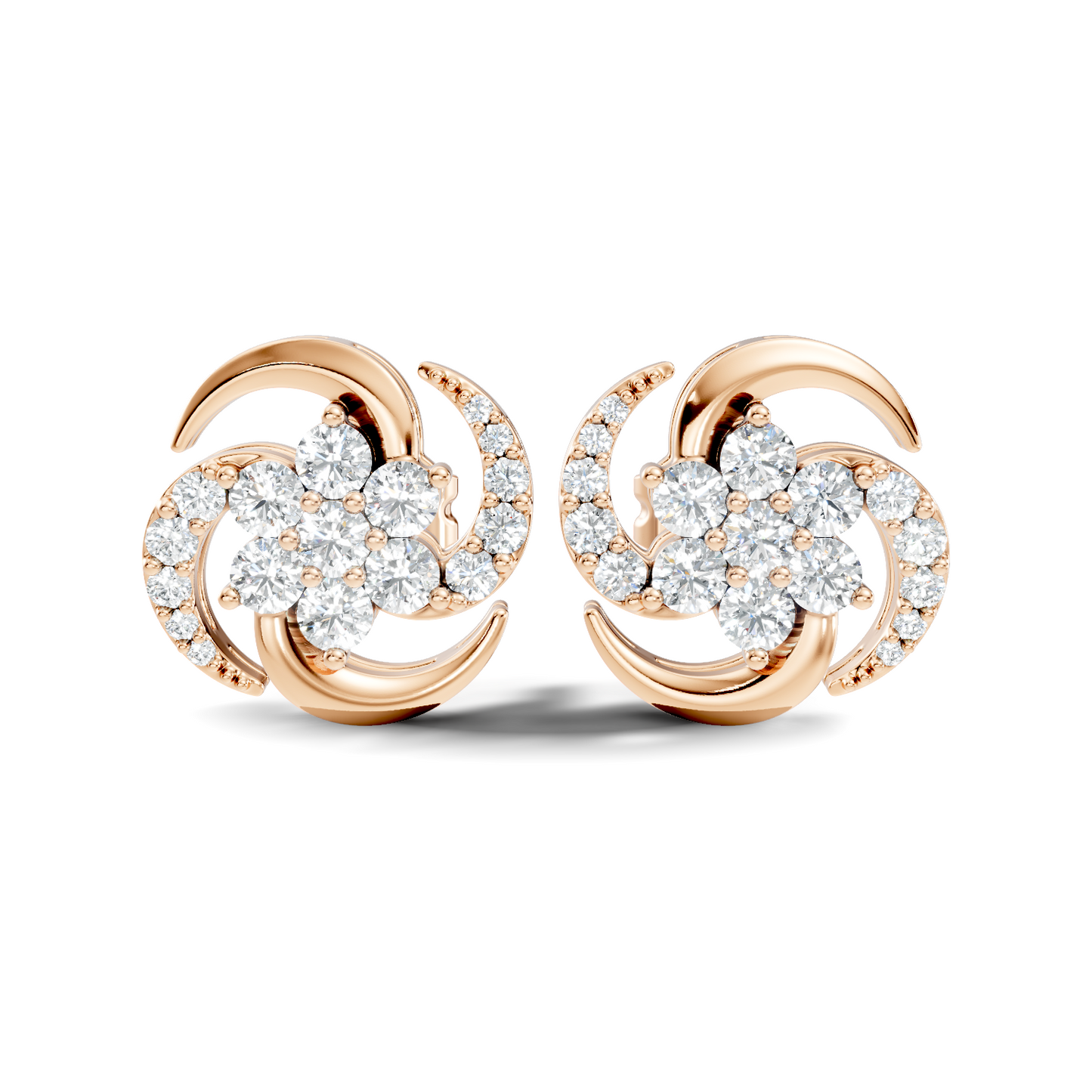 Timeless 14K Solid Rose Gold Floral Swirl Diamond Stud Earrings Everyday To Party Wear - HIGHCARAT DIAMONDS