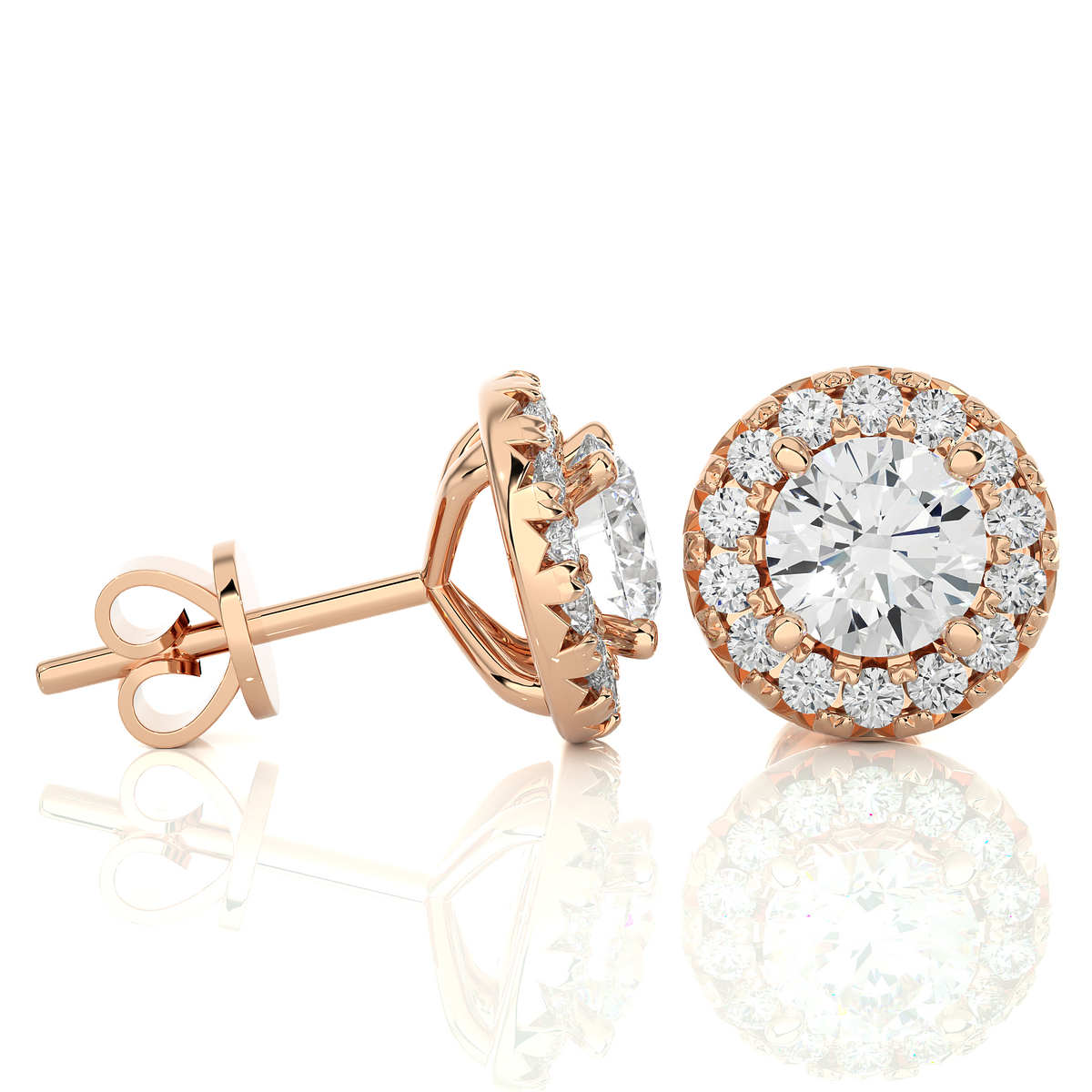 Round Diamond Stud Earrings With Halo Setting Timeless Luxury Jewelry In 14 KT Solid Gold - HIGHCARAT DIAMONDS