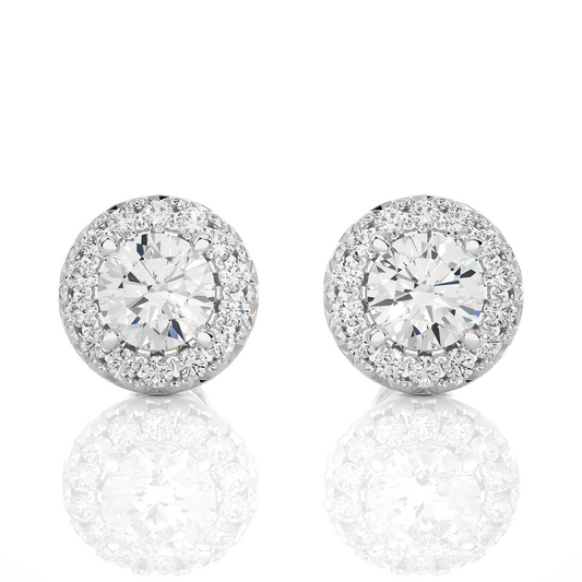 Round Diamond Stud Earrings With Halo Setting Timeless Luxury Jewelry In 14 KT Solid Gold