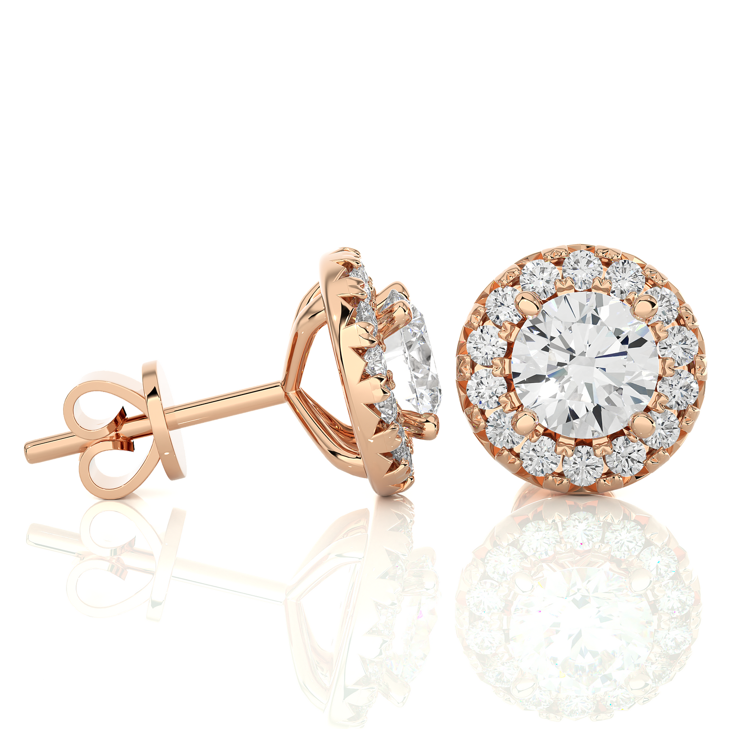 Round Diamond Stud Earrings With Halo Setting Timeless Luxury Jewelry In 14 KT Solid Gold