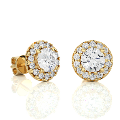 Round Diamond Stud Earrings With Halo Setting Timeless Luxury Jewelry In 14 KT Solid Gold