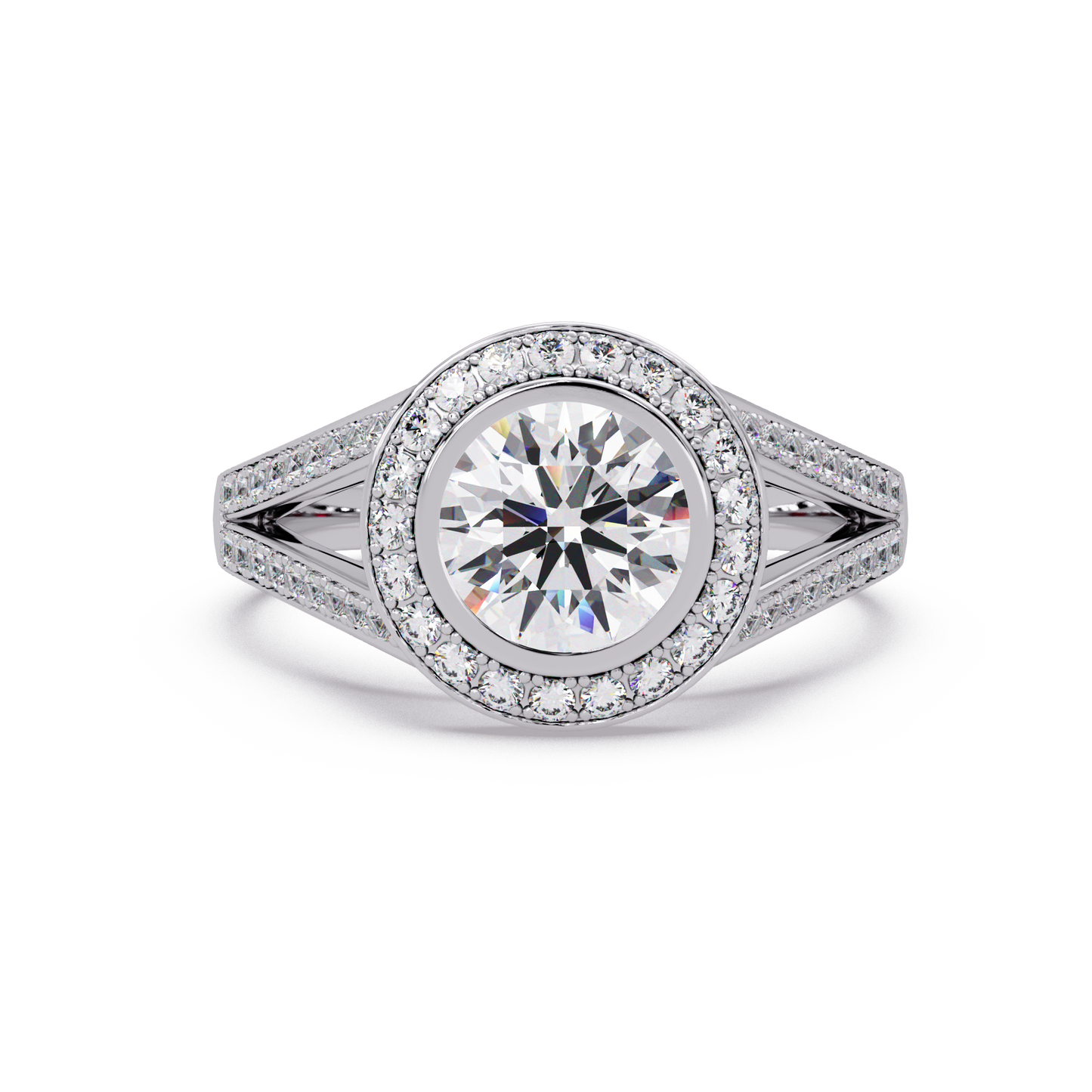 Round Lab Grown Diamond Bezel Halo Split Shank Ring - HIGHCARAT DIAMONDS