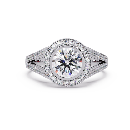 Round Lab Grown Diamond Bezel Halo Split Shank Ring - HIGHCARAT DIAMONDS