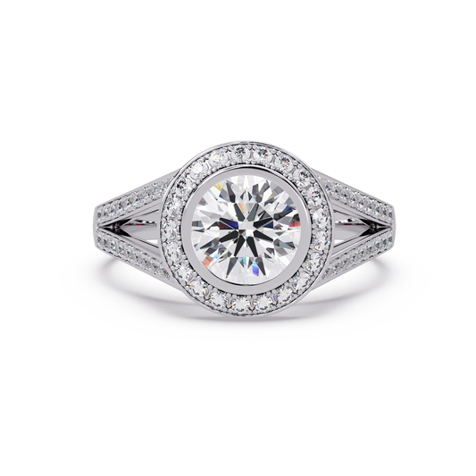 Round Lab Grown Diamond Bezel Halo Split Shank Ring - HIGHCARAT DIAMONDS