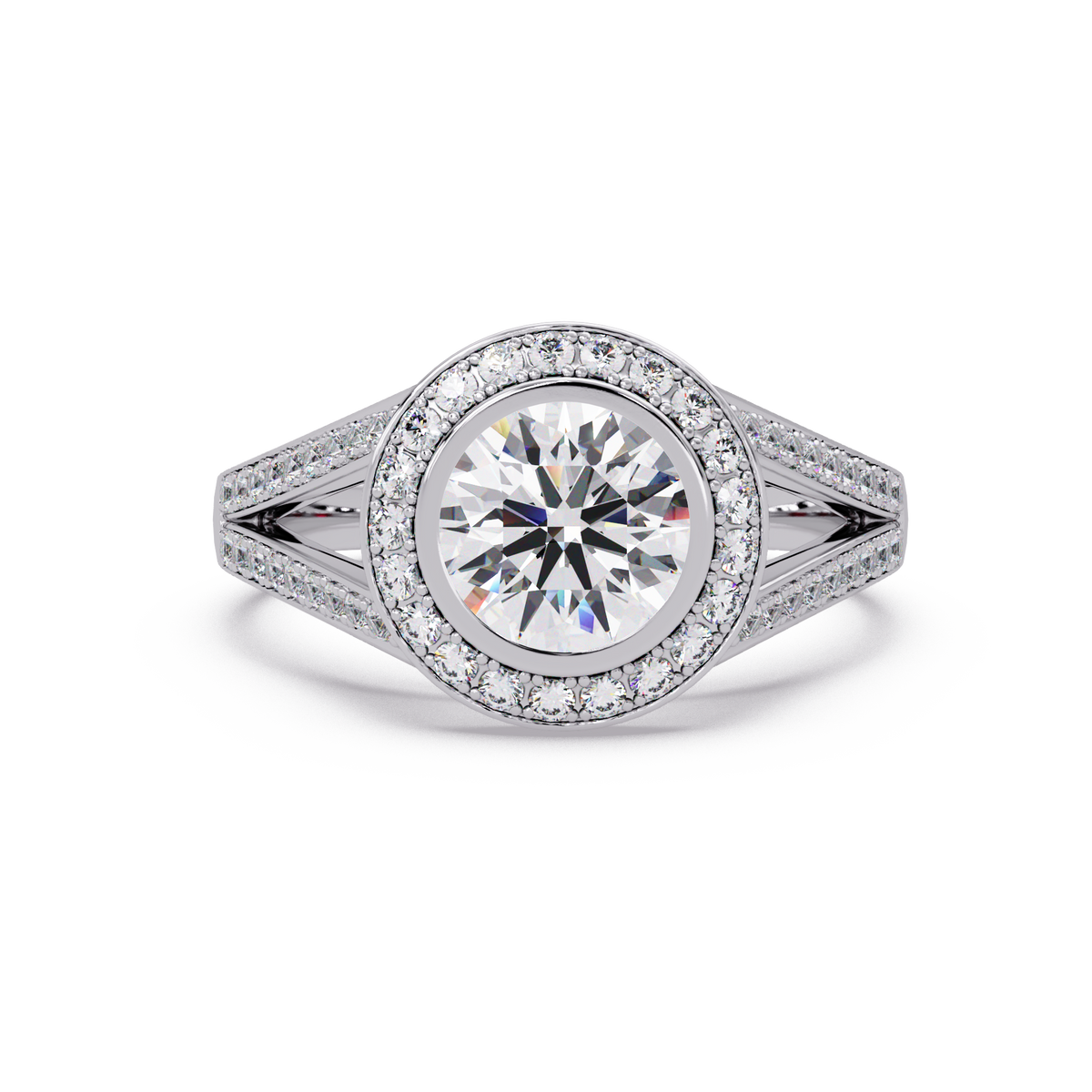 Round Lab Grown Diamond Bezel Halo Split Shank Ring - HIGHCARAT DIAMONDS