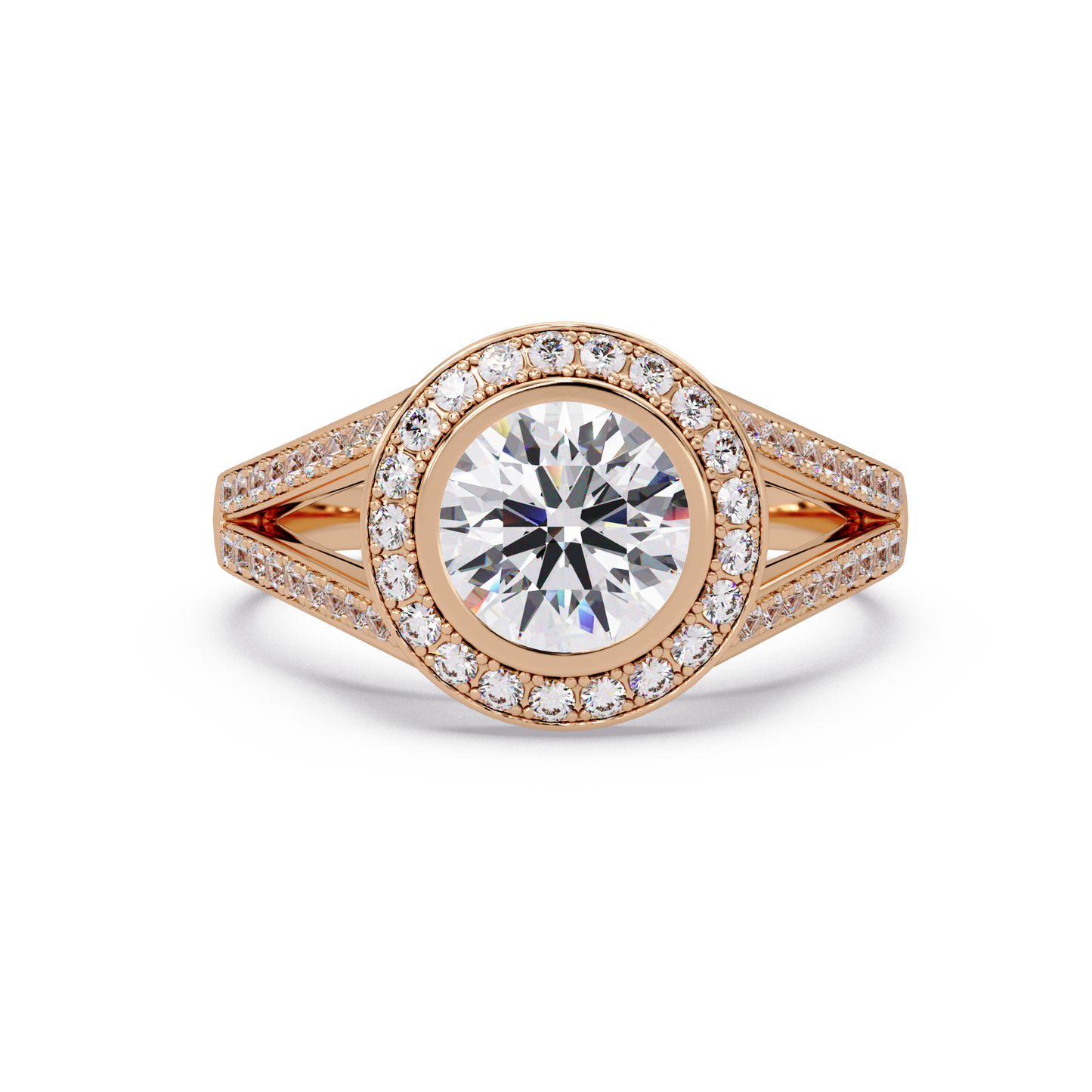 Round Lab Grown Diamond Bezel Halo Split Shank Ring - HIGHCARAT DIAMONDS