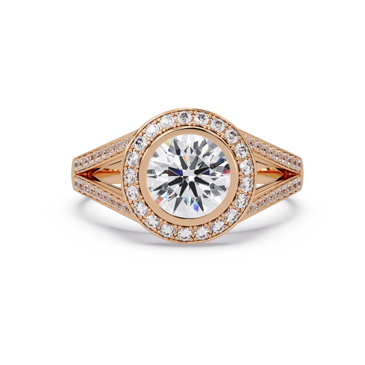 Round Lab Grown Diamond Bezel Halo Split Shank Ring - HIGHCARAT DIAMONDS