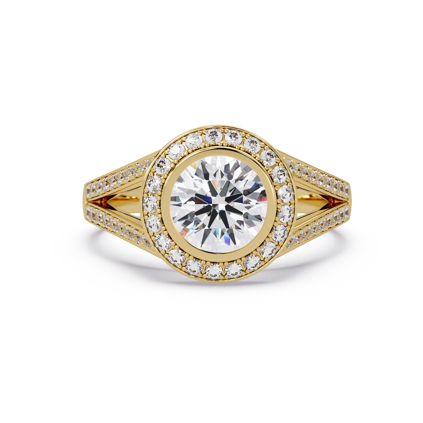 Round Lab Grown Diamond Bezel Halo Split Shank Ring - HIGHCARAT DIAMONDS