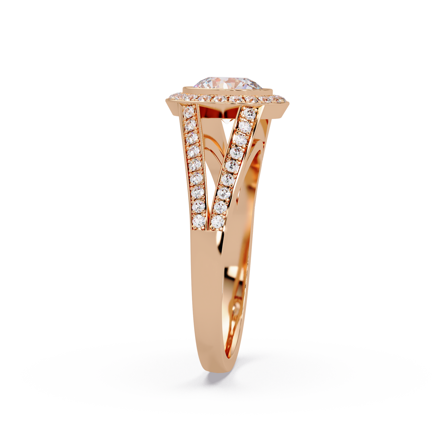 Round Lab Grown Diamond Bezel Halo Split Shank Ring - HIGHCARAT DIAMONDS