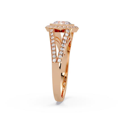 Round Lab Grown Diamond Bezel Halo Split Shank Ring - HIGHCARAT DIAMONDS