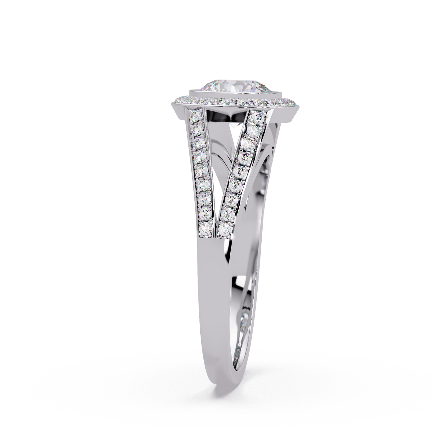 Round Lab Grown Diamond Bezel Halo Split Shank Ring - HIGHCARAT DIAMONDS