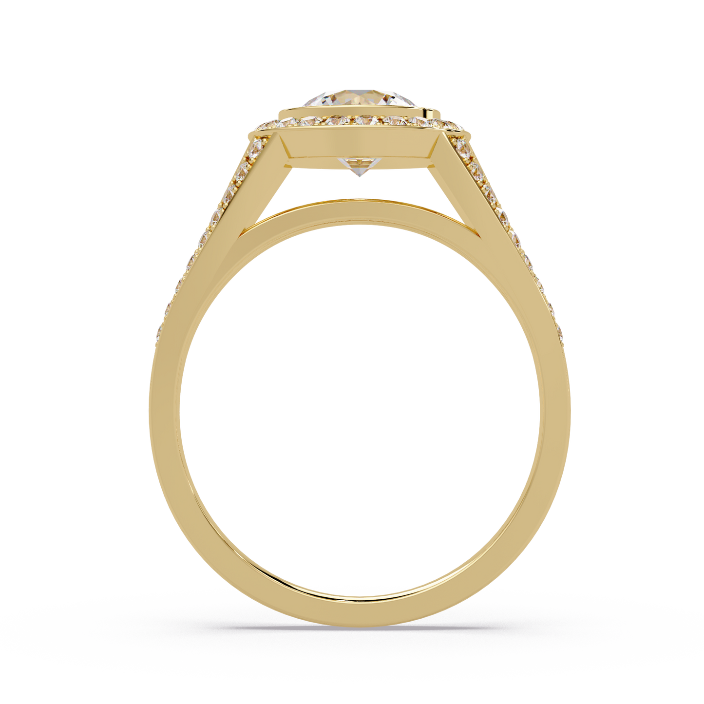 Round Lab Grown Diamond Bezel Halo Split Shank Ring - HIGHCARAT DIAMONDS
