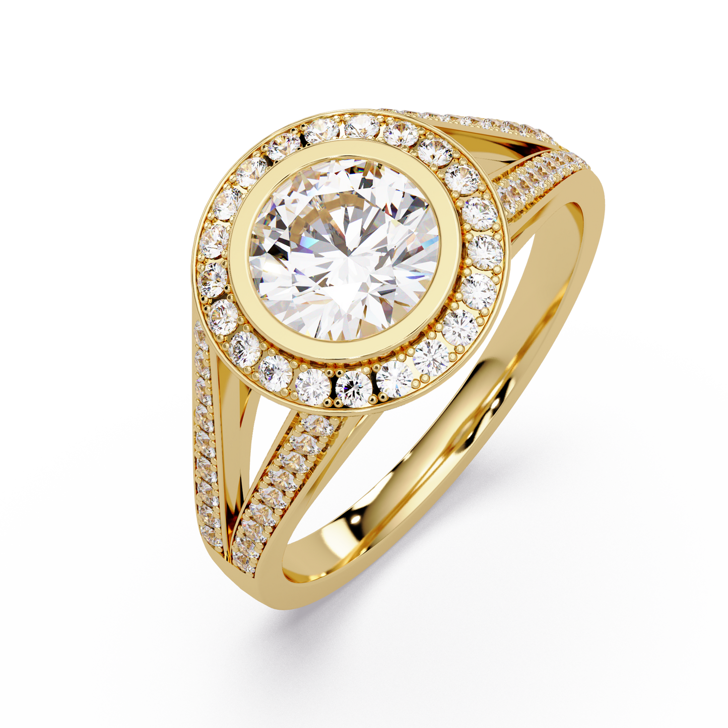Round Lab Grown Diamond Bezel Halo Split Shank Ring - HIGHCARAT DIAMONDS