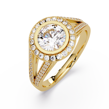 Round Lab Grown Diamond Bezel Halo Split Shank Ring - HIGHCARAT DIAMONDS