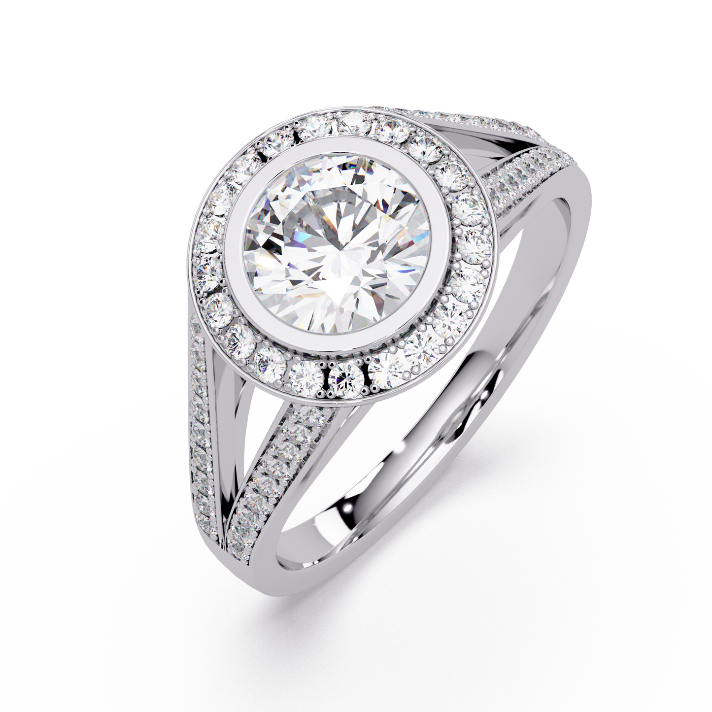 Round Lab Grown Diamond Bezel Halo Split Shank Ring - HIGHCARAT DIAMONDS