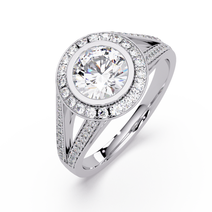 Round Lab Grown Diamond Bezel Halo Split Shank Ring - HIGHCARAT DIAMONDS