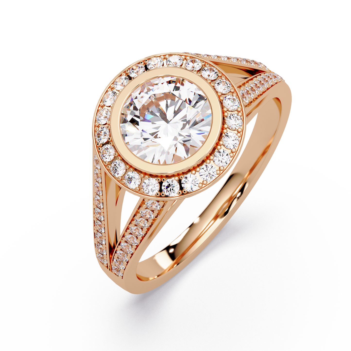 Round Lab Grown Diamond Bezel Halo Split Shank Ring - HIGHCARAT DIAMONDS