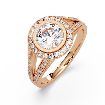 Round Lab Grown Diamond Bezel Halo Split Shank Ring - HIGHCARAT DIAMONDS
