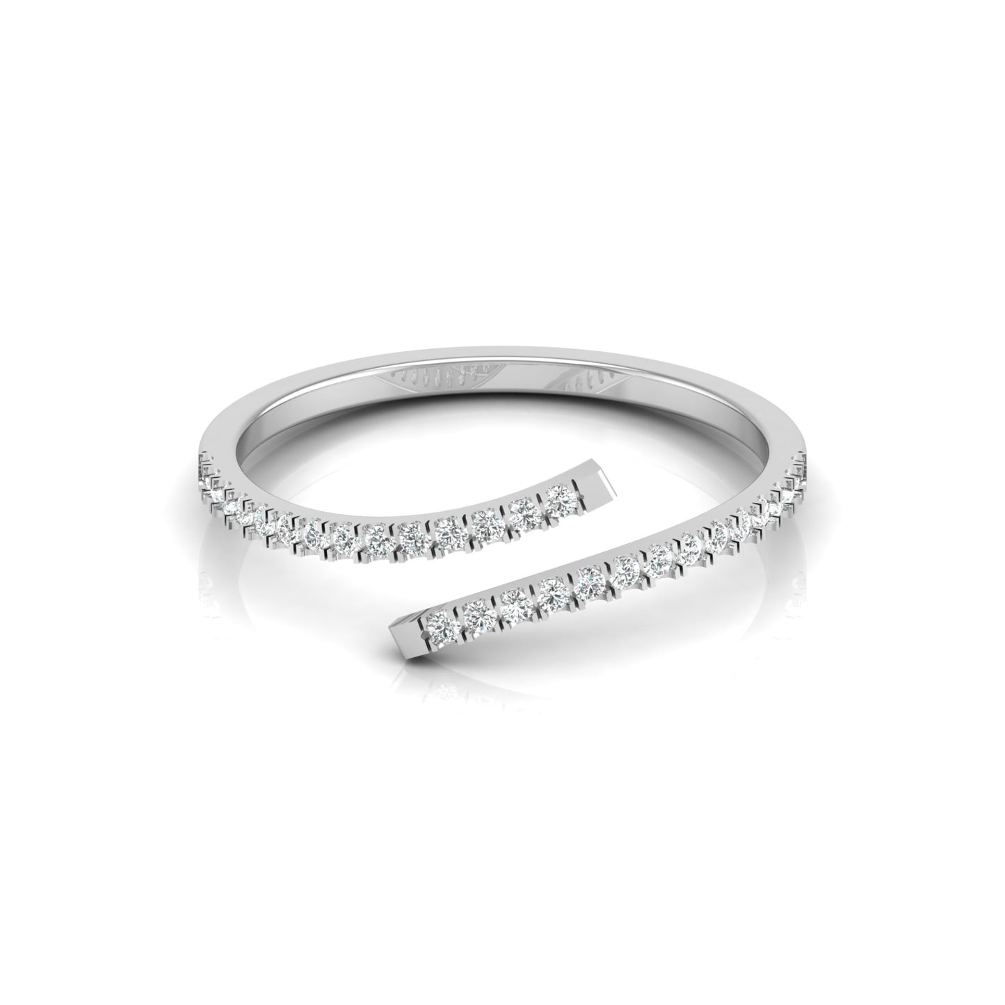 Front view of round lab grown diamond bypass wedding band in white gold