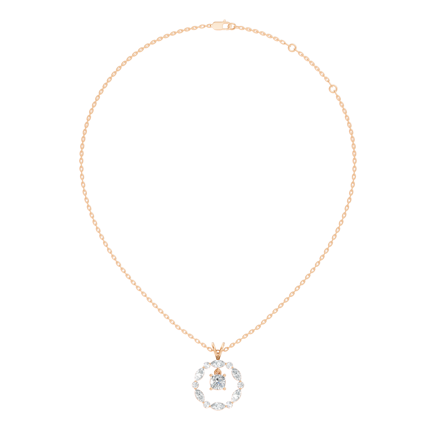Round Lab-Grown Diamond Circle Pendant For Her Cushion & Marquise Design In 14K Gold