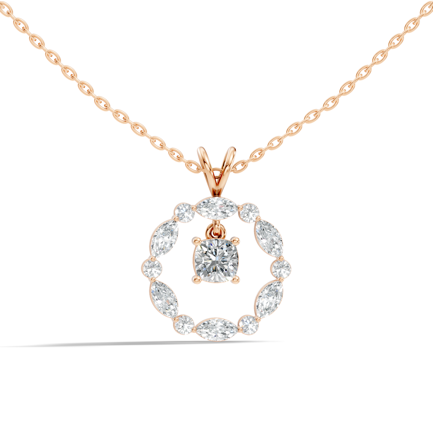 Round Lab-Grown Diamond Circle Pendant For Her Cushion & Marquise Design In 14K Gold