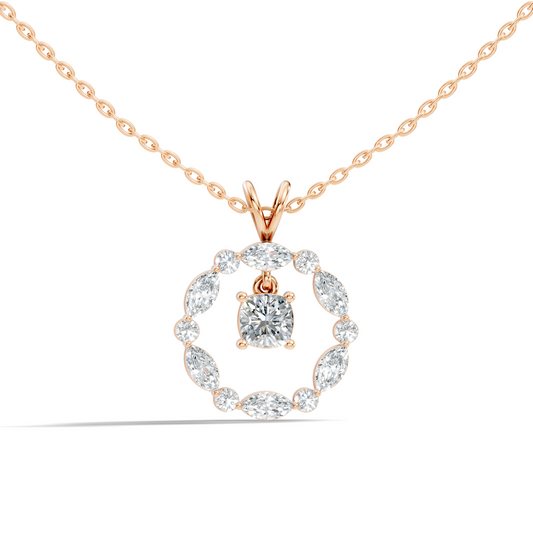 Round Lab-Grown Diamond Circle Pendant For Her Cushion & Marquise Design In 14K Gold