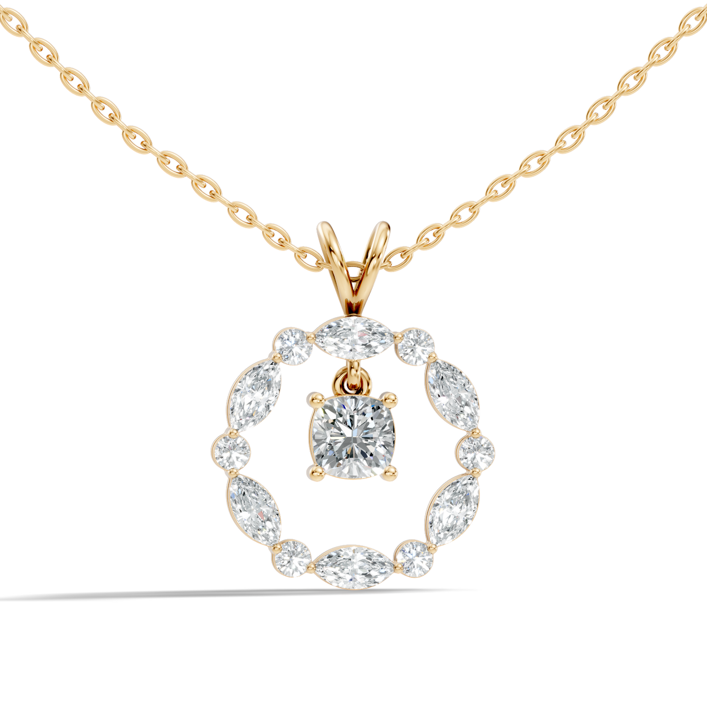 Round Lab-Grown Diamond Circle Pendant For Her Cushion & Marquise Design In 14K Gold