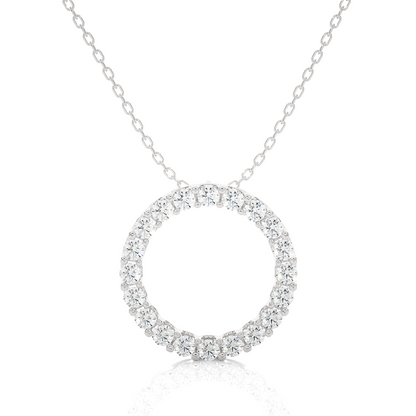 Front view of round lab grown diamond circle pendant necklace in white gold