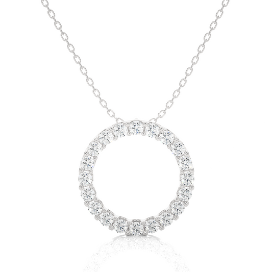 Front view of round lab grown diamond circle pendant necklace in white gold