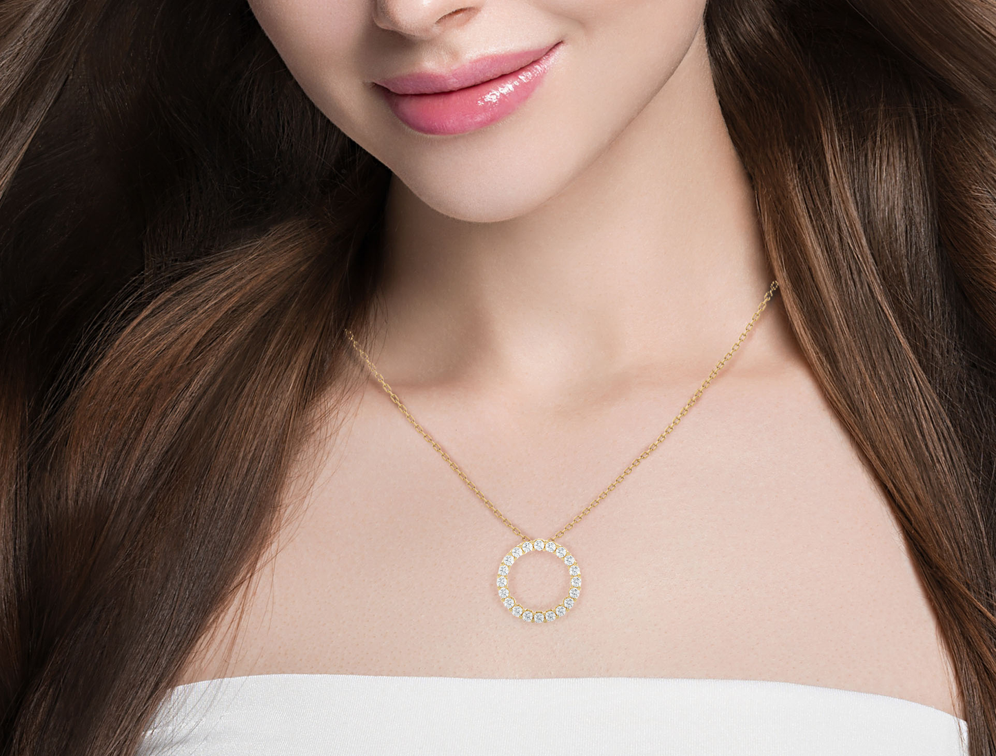 Circle diamond pendant necklace worn around neck in white gold