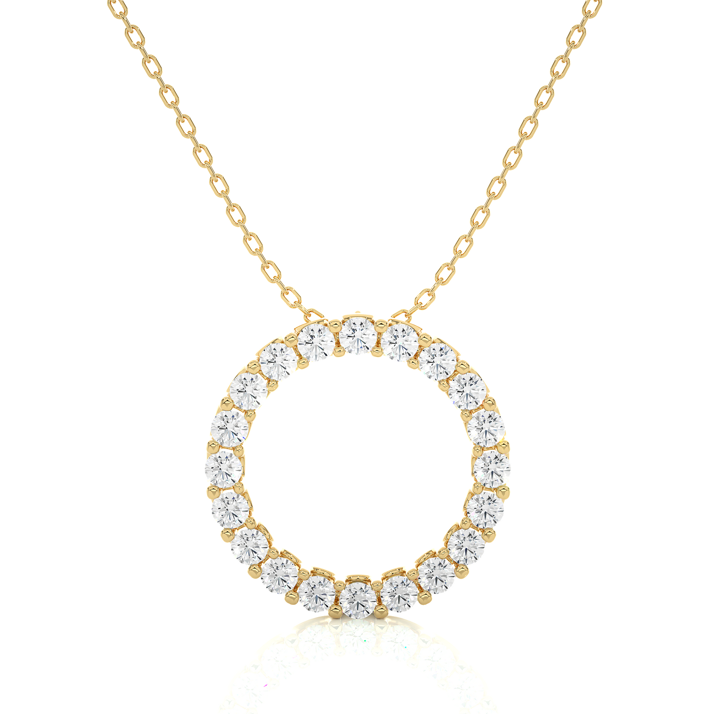 Yellow gold open circle diamond pendant with round prong set stones