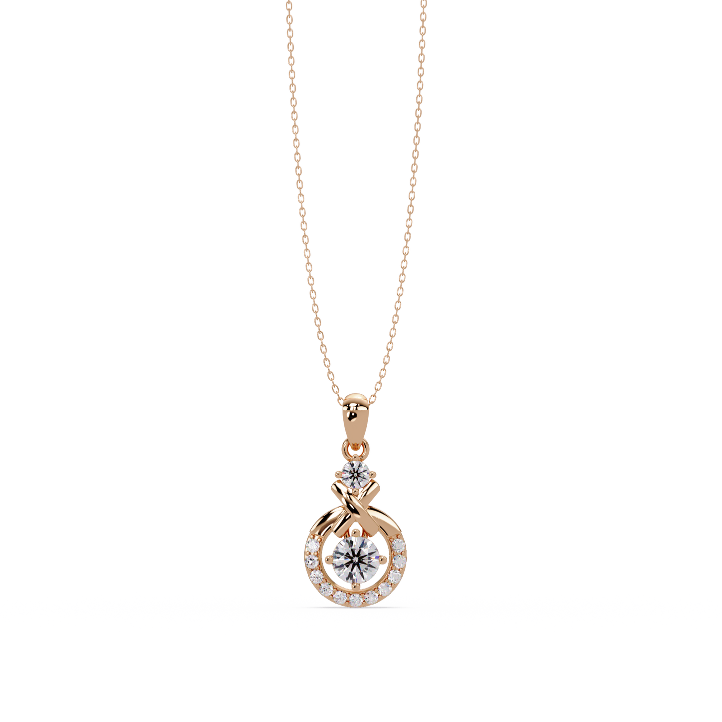 Round Lab Grown Diamond Circle X-Design Bail Halo Pendant - HIGHCARAT DIAMONDS