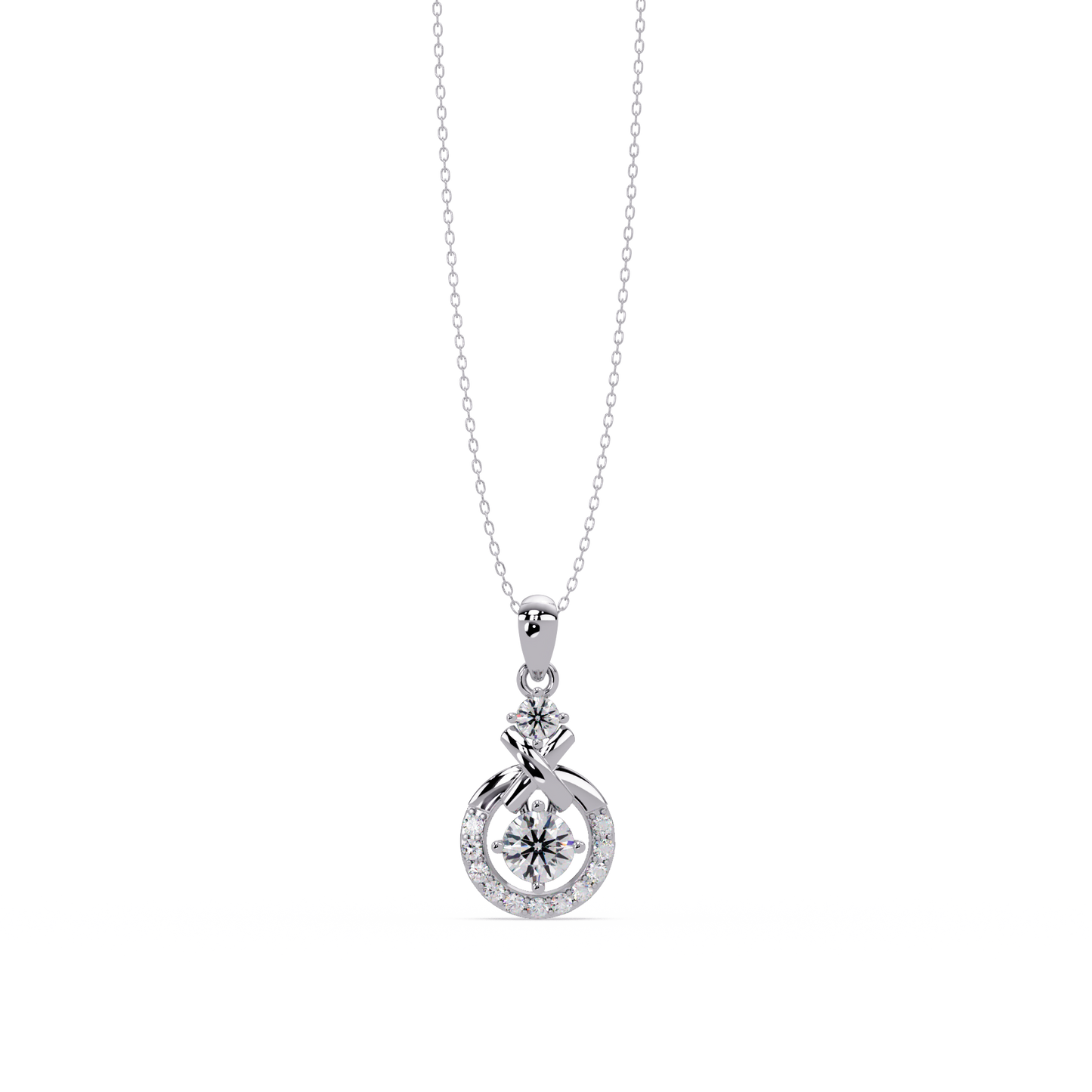 Round Lab Grown Diamond Circle X-Design Bail Halo Pendant - HIGHCARAT DIAMONDS