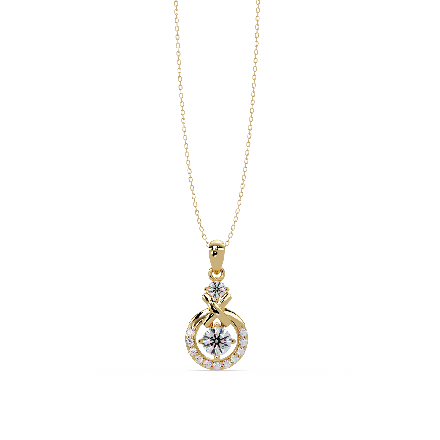 Round Lab Grown Diamond Circle X-Design Bail Halo Pendant - HIGHCARAT DIAMONDS