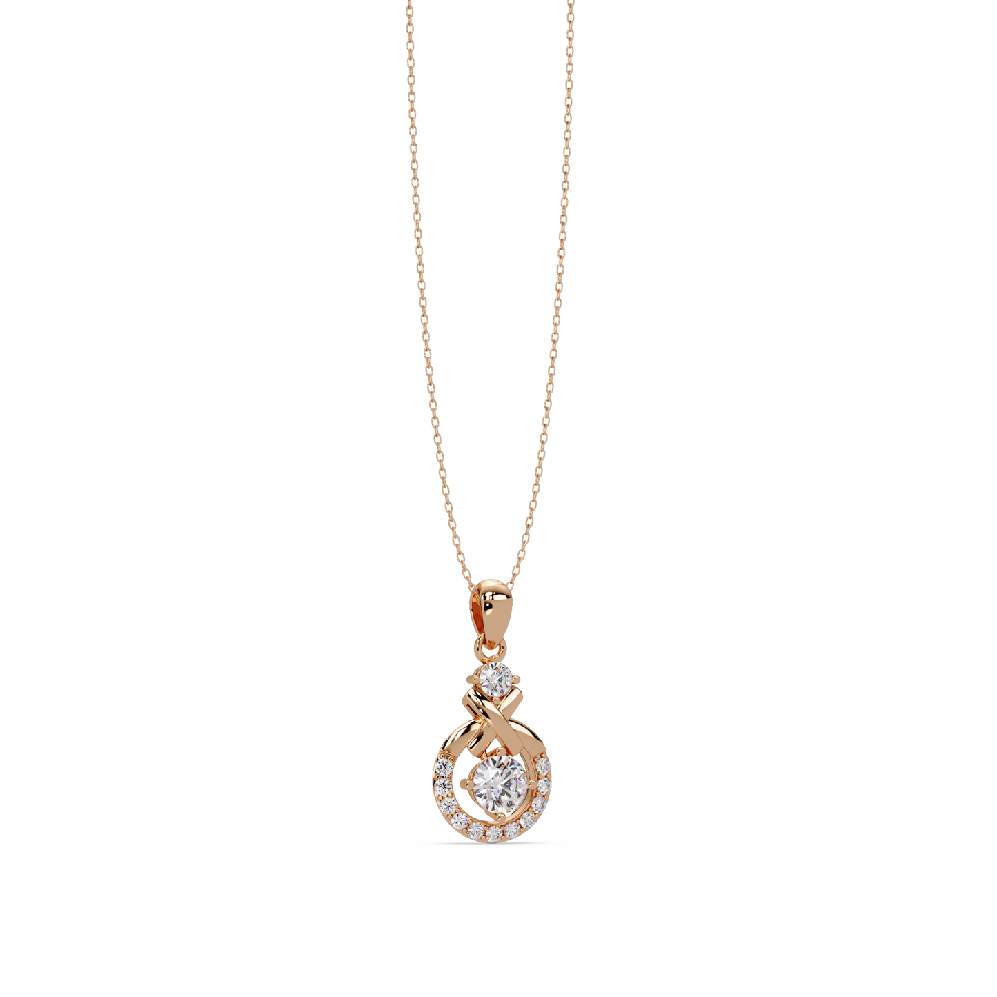 Round Lab Grown Diamond Circle X-Design Bail Halo Pendant - HIGHCARAT DIAMONDS