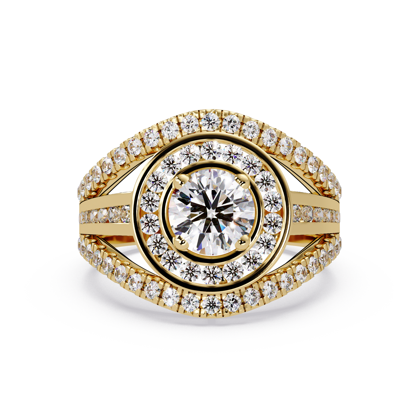 Round Lab Grown Diamond Double Halo Split Shank Ring - HIGHCARAT DIAMONDS