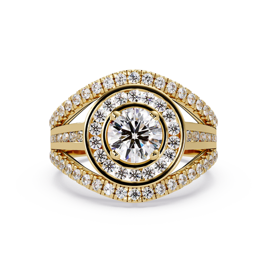 Round Lab Grown Diamond Double Halo Split Shank Ring - HIGHCARAT DIAMONDS