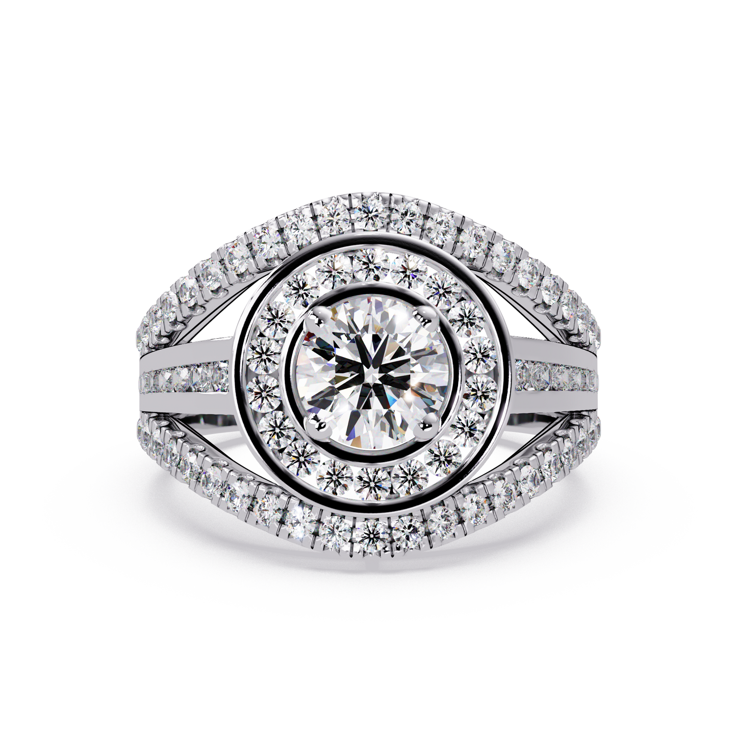 Round Lab Grown Diamond Double Halo Split Shank Ring - HIGHCARAT DIAMONDS