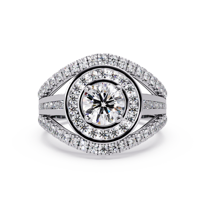 Round Lab Grown Diamond Double Halo Split Shank Ring - HIGHCARAT DIAMONDS
